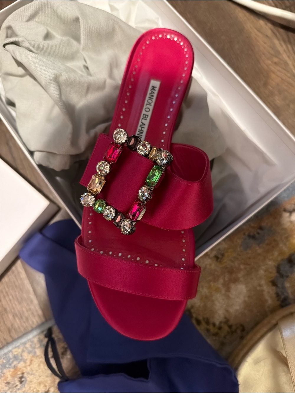 Manolo Blahnik Hot Pink Satin Slide Sandal with Multicolor Jeweled Buckle